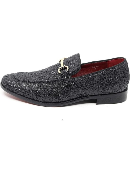 Metrocharm Men\'s Black Glitter Rubber Velvet Loafers Gold Buckle Slip On Shoes